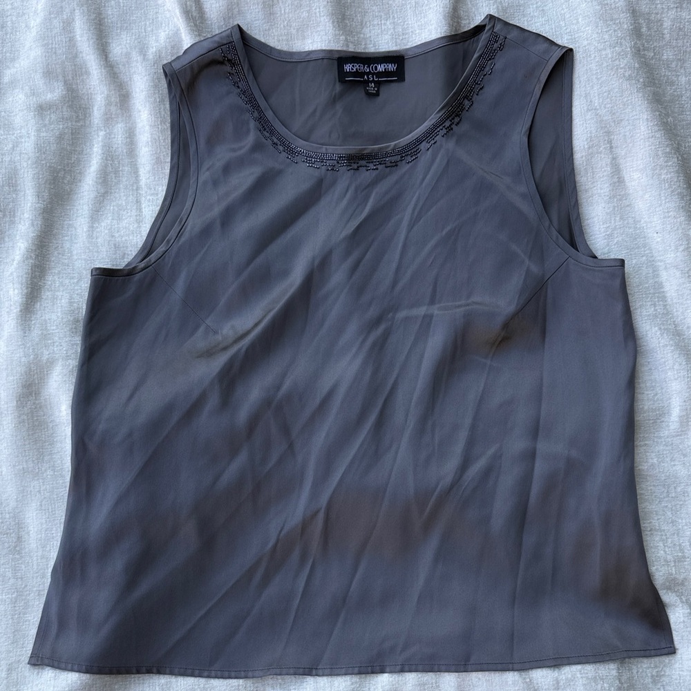 Gray 100% Silk Kasper ASL Sleeveless Beaded Neck Blouse Sz 14
